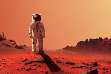 Wall Mural - Ravishing digital illustration of Mars landscape feature with red surface and mountain with astronaut. Space exploration and martian on red planet concept by generative AI.