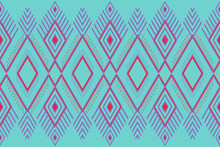 Geometric Ethnic Oriental Ikat Pattern Traditional Design For Background, Carpet, Wallpaper, Clothing ,Wrapping, Batik, Fabric, Rug, Embroidery Style, Shade Of Light Teal Purple And Bright Red Design