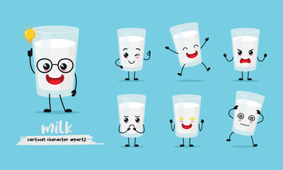 Sticker - cute a glass of milk cartoon with many expressions. different activity pose vector illustration flat design set.
