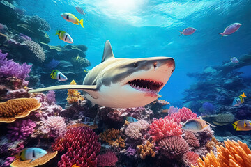 Wall Mural - shark swims underwater on the background of coral reefs