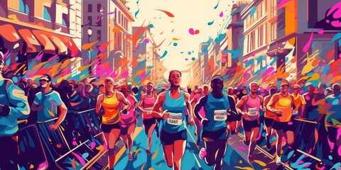 Marathon Running Colorful Illustration, Run For Healthy Life Concept. Generative Ai