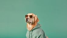 A Dog Golden Retriever With Sunglasses A Sweatshirt Mint Green Background. Generative AI