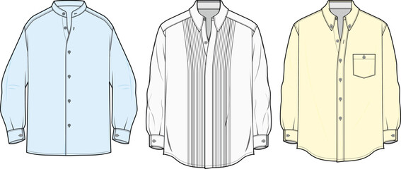 mens long sleeves shirt flat sketch illustration, set of men's shirt for formal wear and casual wear
