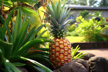 Pineapple tropical fruit growing in garden. space for texture