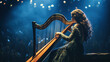 Harpist playing the harp at a concert in front of an audience. Generative AI