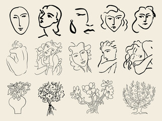 Wall Mural - Set of abstract line art drawings, female nude silhouettes, faces, flowers in trendy Matisse inspired style. Contemporary art black ink sketch vector illustrations isolated on white background.