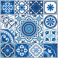 Wall Mural - Set of blue tiles and floors. Patchwork for wallpaper. Traditional Portuguese mosaic design. Spanish majolica tile pattern. Vector illustration. Geoetric florals