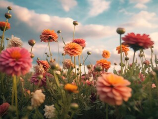 beautiful summer field of colorful cosmos flowers, natural sunlight, and bright summer sky backgroun