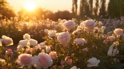 Wall Mural - Pink rose field in sunset light, in the style of sun rays shining upon a field of roses. Generative AI