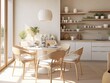 © itchaznong - Dining room in wooden style with a table and chairs and hanging lights. white and beige tones in the room. Generative AI