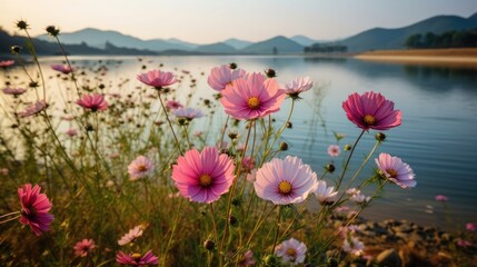 Wall Mural - A beautiful summer field of pink cosmos flowers by the lake, natural sunlight, and a bright summer sky background. Generative AI