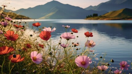 Wall Mural - A beautiful summer field of pink cosmos flowers by the lake, natural sunlight, and a bright summer sky background. Generative AI