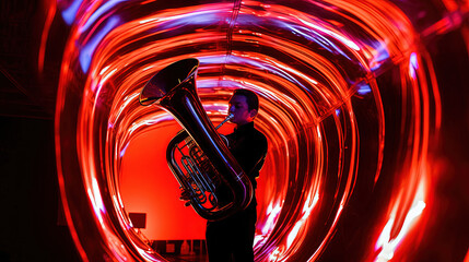 Wall Mural - Tuba player. Red abstract background. Generative AI