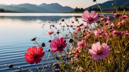 Wall Mural - A beautiful summer field of pink cosmos flowers by the lake, natural sunlight, and a bright summer sky background. Generative AI