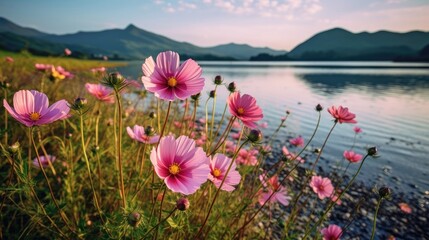 Wall Mural - A beautiful summer field of pink cosmos flowers by the lake, natural sunlight, and a bright summer sky background. Generative AI