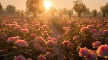 Wall Mural - Pink rose field in sunset light, in the style of sun rays shining upon a field of roses. Generative AI