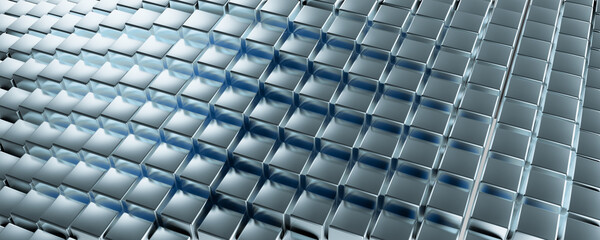Aufkleber - Abstract blue of futuristic surface cube pattern with light rays. Blue tint hexagonal background. wide banner. 3d rendering