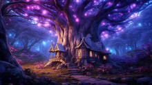 Fabulous Neon Forest With Beautiful Unusual Houses For Gnomes And A Forest Path, Fantasy, Children's Dreams