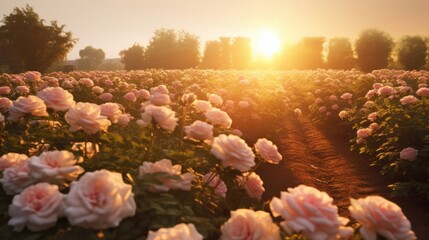 Wall Mural - Pink rose field in sunset light, in the style of sun rays shining upon a field of roses. Generative AI