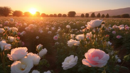Wall Mural - Pink rose field in sunset light, in the style of sun rays shining upon a field of roses. Generative AI