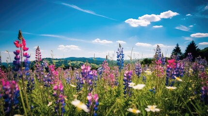 Wall Mural - A landscape field of colorful wildflowers in natural light, a mountain and a clear blue sky in the background. Generative AI