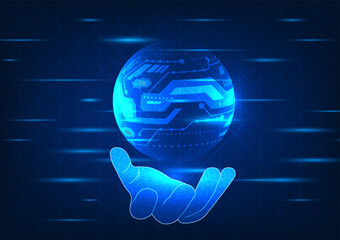 Poster - Businessman hand holding technology ball mixed with technology circuit board It means business people who use modern technology to help businesses grow and become leaders in business.