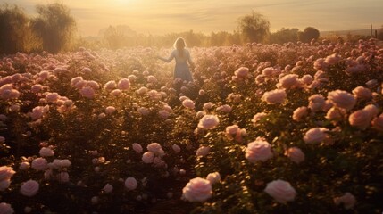 Wall Mural - A lady in the middle of a pink rose field at sunset, in the style of sun rays shining upon a field rose. Generative AI