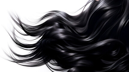 black glowing hair wavy strand. isolated on black background. shiny haircare style shampoo beautiful