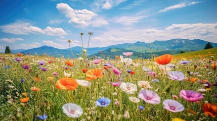 Wall Mural - A lot of colorful poppy in the field, mountainous vistas, and a bright blue sky in the background. Generative AI