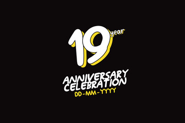 Wall Mural - 19th, 19 years, 19 year anniversary  with white character with yellow shadow on black background-vector