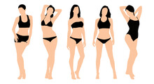 Set Of Slim Woman In Bikini. Fashion Women In Swimsuit Or Bikini Flat Vector Illustration. 