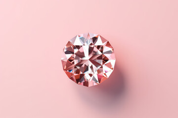 Wall Mural - Above view of one beautiful brilliant gemstone with facets isolated on a flat pastel pink background with copy space. Minimal creative concept. Generative AI 3d render illustration imitation.