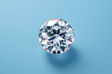 Top view of one beautiful brilliant gemstone with facets isolated on a flat pastel blue background with copy space. Minimal creative concept. Generative AI 3d render illustration imitation.
