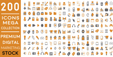 Premium Digital Marketing web icons in FLAT/LINE style icon pack with Social, networks, feedback, communication, marketing, and e-commerce. Vector illustration orange icons set of  200 icon pack.
