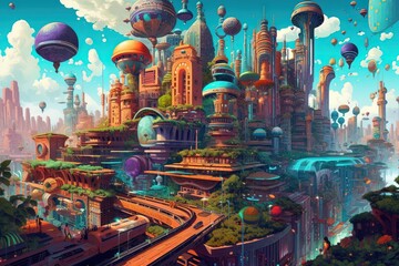 Wall Mural - Digital wonderland fantasy landscape in an abstract art style illustration generative ai