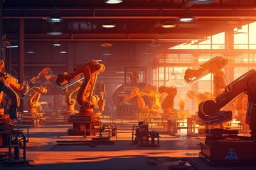 Wall Mural - Mechanized industry robot and robotic arms for assembly in factory production. Artificial intelligence for industrial revolution and automation manufacturing process. illustration generative ai