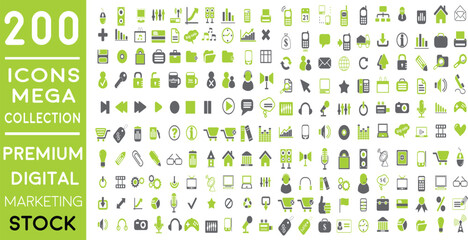 Premium Digital Marketing web icons in FLAT/LINE style icon pack with Social, networks, feedback, communication, marketing, and e-commerce. Vector illustration green icons set of  200 icon pack.