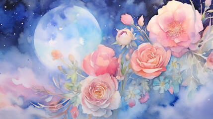 beautiful watercolor galaxy background with cosmic flowers. watercolor magical painting. ai illustra