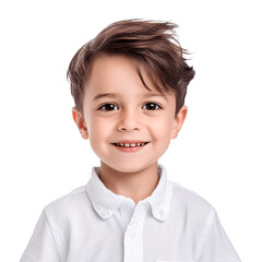 portrait of a cute brunette boy wearing shirt. isolated on transparent background. no background.
