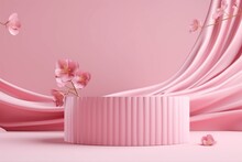 3D Background, Pink Podium Display. Sakura Pink Flower Falling. Cosmetic Or Beauty Product Promotion Step Floral, Pastel Pedestal. Abstract Minimal Advertise. Generative AI.