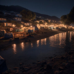 Wall Mural - People tents near river