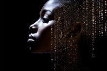 Black Woman Face With Digital Matrix Numbers. Artificial Intelligence. AI Theme With A Female Human Face