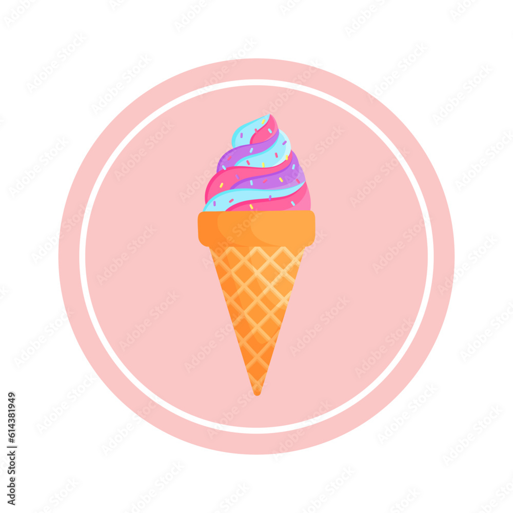 Soft serve ice cream in wafer style cone. Crunchy wafer cone filled with creme strawberry ice cream, pink ice cream with decoration. Summertine icon. Vector illustration in cartoon style