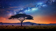 Serengeti or savanna at night time. Night time or dusk with beautiful milkyway like nebula in the sky. - Generative AI