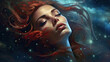 Rêve éthéré, femme endormie parmi les étoiles et le nuage nébuleux aux cheveux rouges.