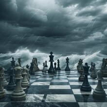 King And Many Other Chess Pieces And Table In The Ocean And Sea And Storm, High And Low Tide, Waiting Tide To Pass, The Flood