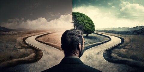 Wall Mural - Man at two roads deciding for best chance of environment protection. superlative generative AI image.