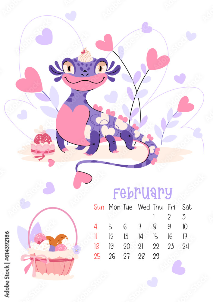 Feb Cartoon Vertical page calendar for February 2024 with cute romance dragon. The ...
