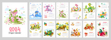 Cute Dragon Calendar For 2024, The Symbol Of The Year. Monthly Calendar With Vector Illustrations Of Funny Dragon Character In A Flat Cartoon Style. Vertical Pages A4 Format