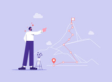 Path Of Success Concept, Businessman Pointing And Look Up To The Goal, Mountain Climbing Progress Route To Peak In Flat Simple Style, Business Journey